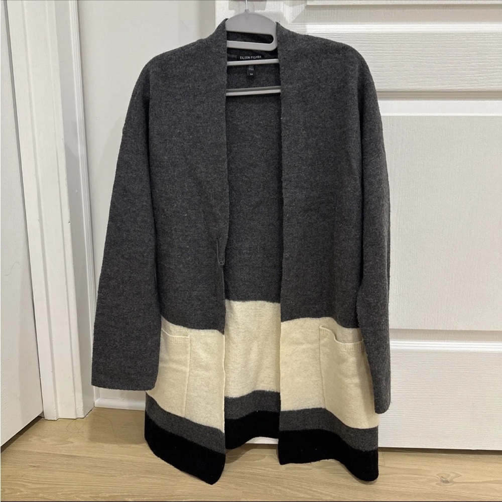 Eileen Fisher Ash Felted  Merino Wool  Stripe Long Kimono Cardigan S/P